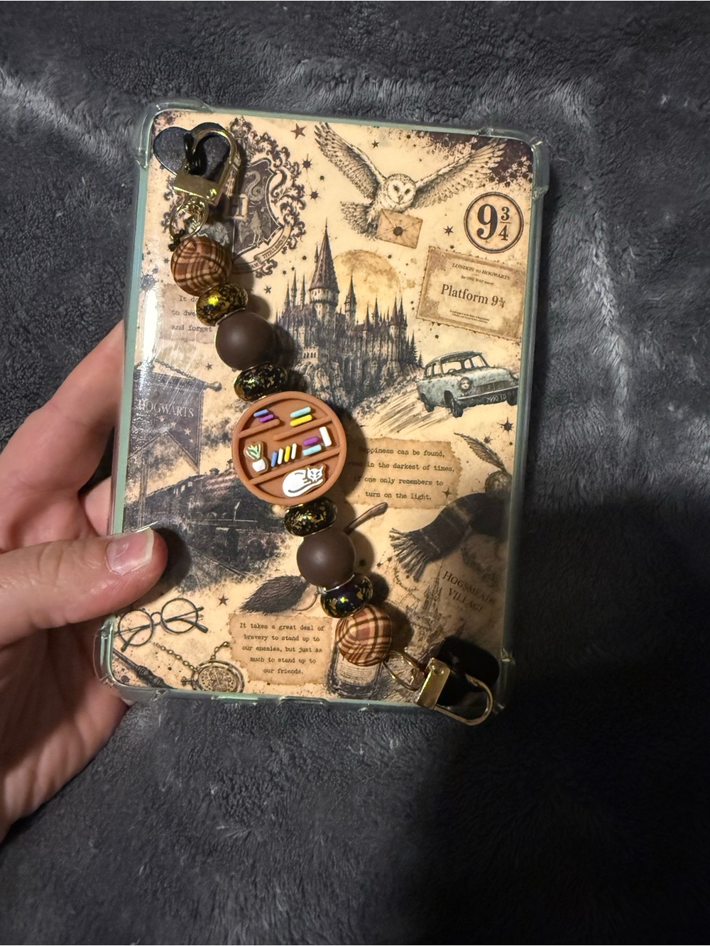 Kitty on a Bookcase Brown Beaded Kindle Charm Strap with Book Motif - Handmade